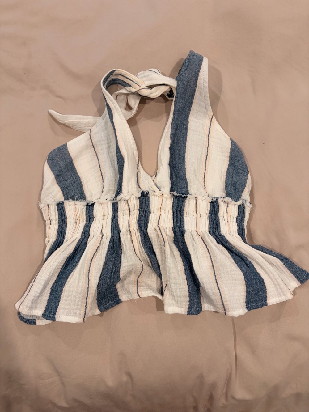 Ocean Drive Blue & Cream Striped Halter Peplum Top